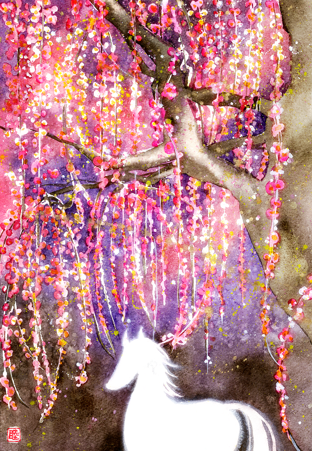 Фото Силуэт лошади под цветущим деревом