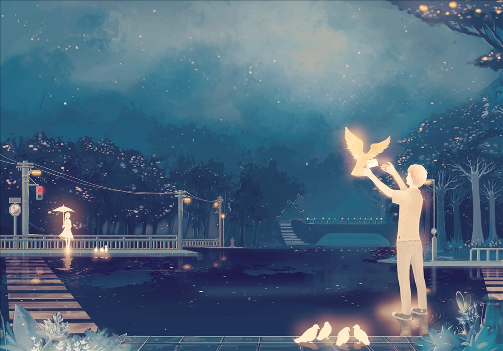 Фото Парень отпускает голубя с письмом на другой берег реки, на котором стоит девушка с зонтом