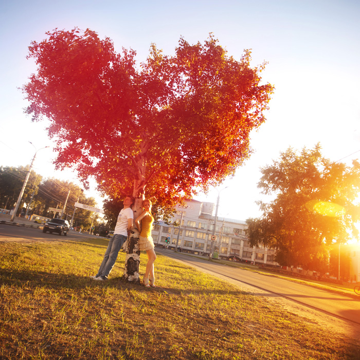 Фото Мужчина и девушка возле дерева в форме сердца