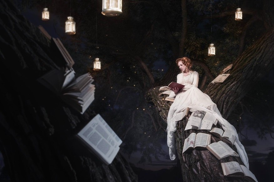 Фото Девушка сидит на дереве читая книгу, вокруг нее множество других книг, by Benjamin Von Wong