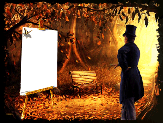 Фото Художник любуется ожившей картиной, где нарисованы девушка и бабочка, стоящей на мольберте в осеннем лесу