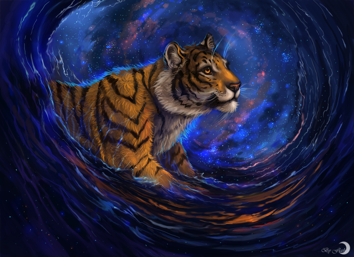 Фото Тигр плывет в морских волнах, позади него виднеется космос, художница flashw