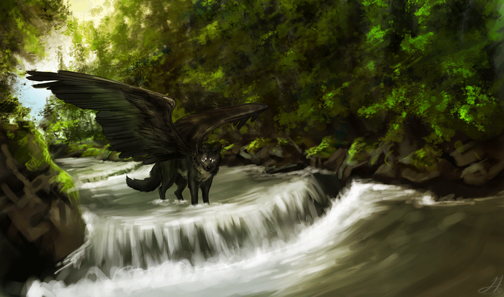 Фото Волк с крыльями стоит посреди реки, автор shewolf294