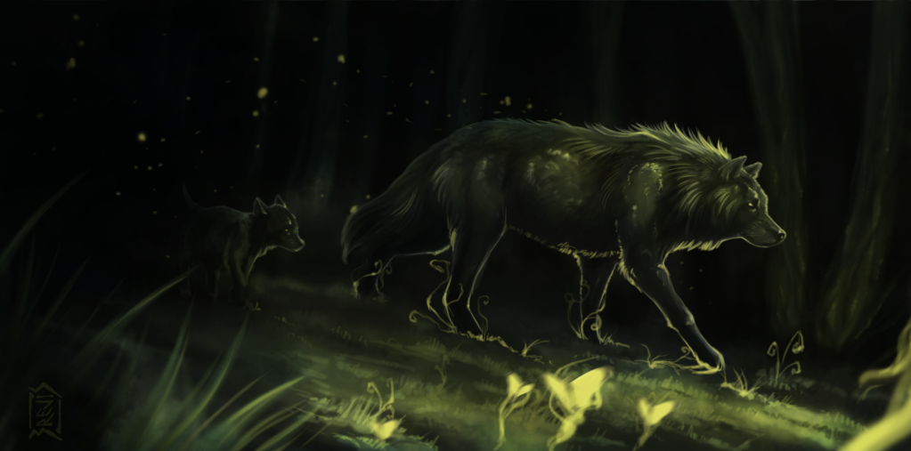 Фото Волчица с детенышем идет по ночному лесу, художник brevis