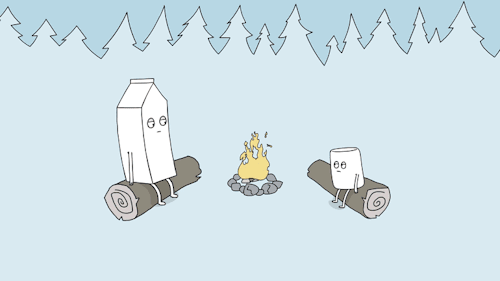 Фото Молоко и зефир сидят у костра, искра попадает на зефир и он загорается и убегает с воплями, кадр из серии мультфильмов Snack Time от компании Western Canada