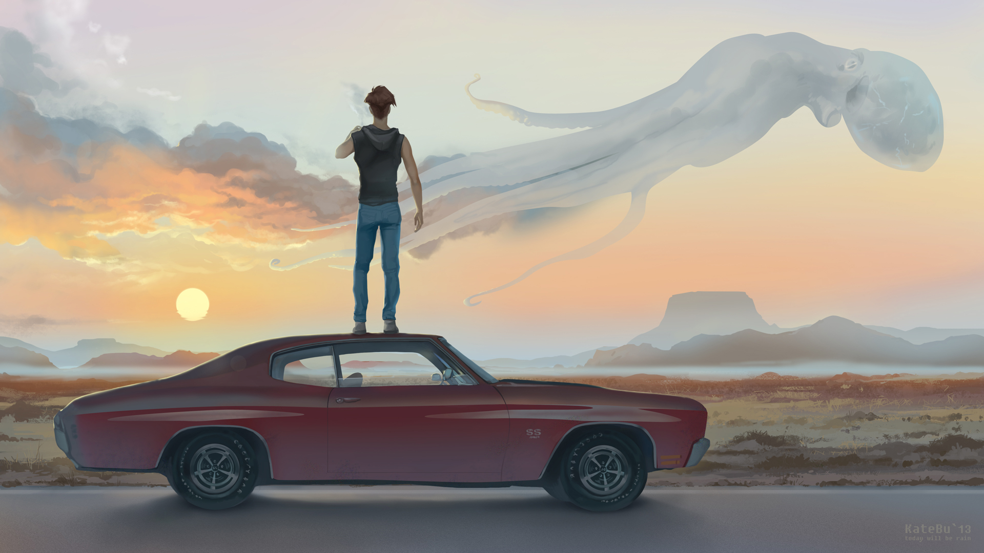 Фото Мужчина стоит на машине, смотря на превращающиеся в осьминогов облака, художник katebu