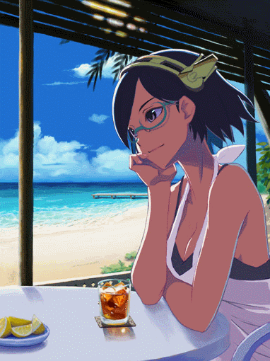 Фото Девушка за столиком на фоне пляжа