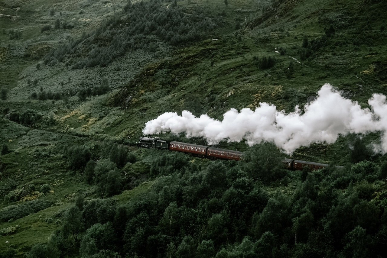 Фото Пассажирский поезд с клубами белого дыма, идущий по горной местности с растущими на ней деревьями