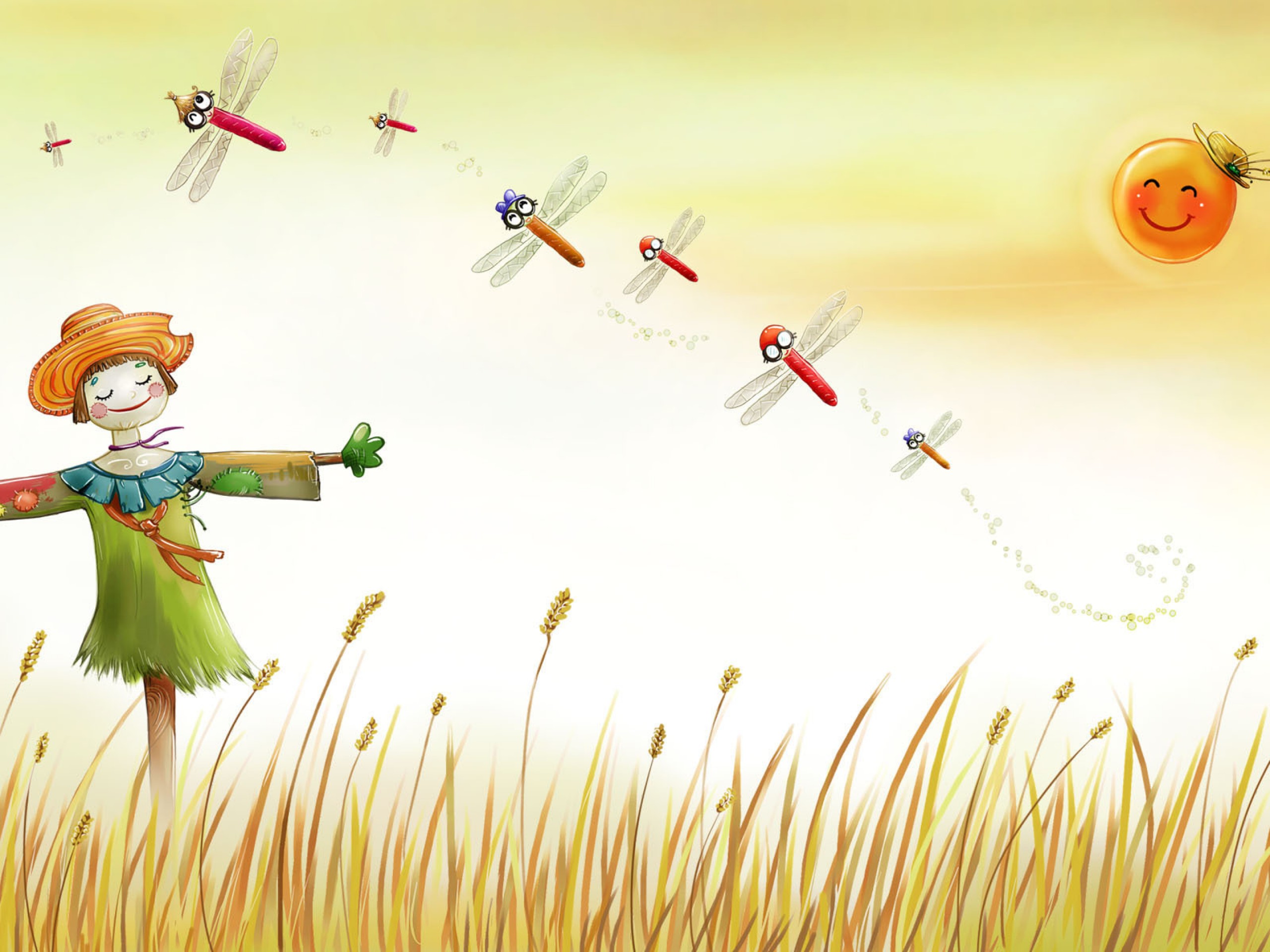 Фото Девочка-пугало стоит в поле, летают стрекозы, солнце в шляпке улыбается