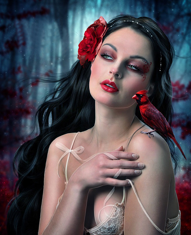 Фото Девушка с цветком в волосах приложила руку к груди на плече у нее сидит птица на фоне темного леса, автор EstherPuche-Art
