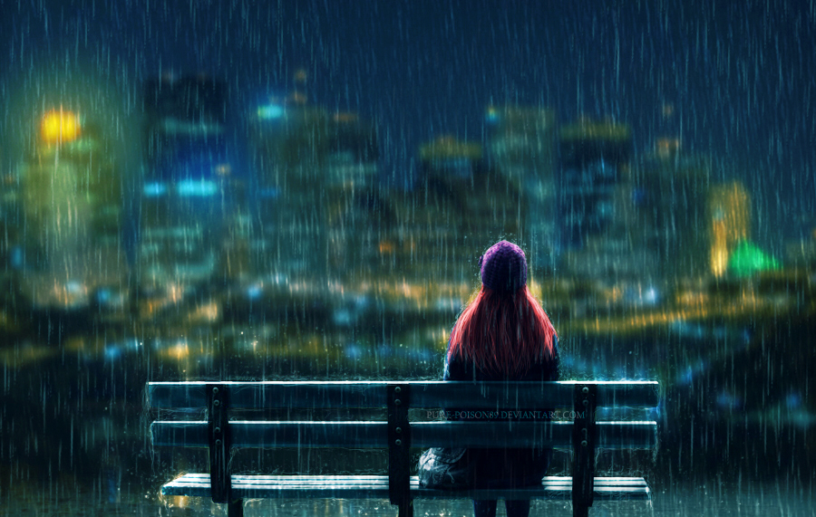 Фото Девушка сидит на лавочке под дождем