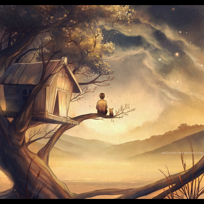 Фото Мальчик с мышкой сидят на ветке дерева и смотрят вдаль, by megatruh