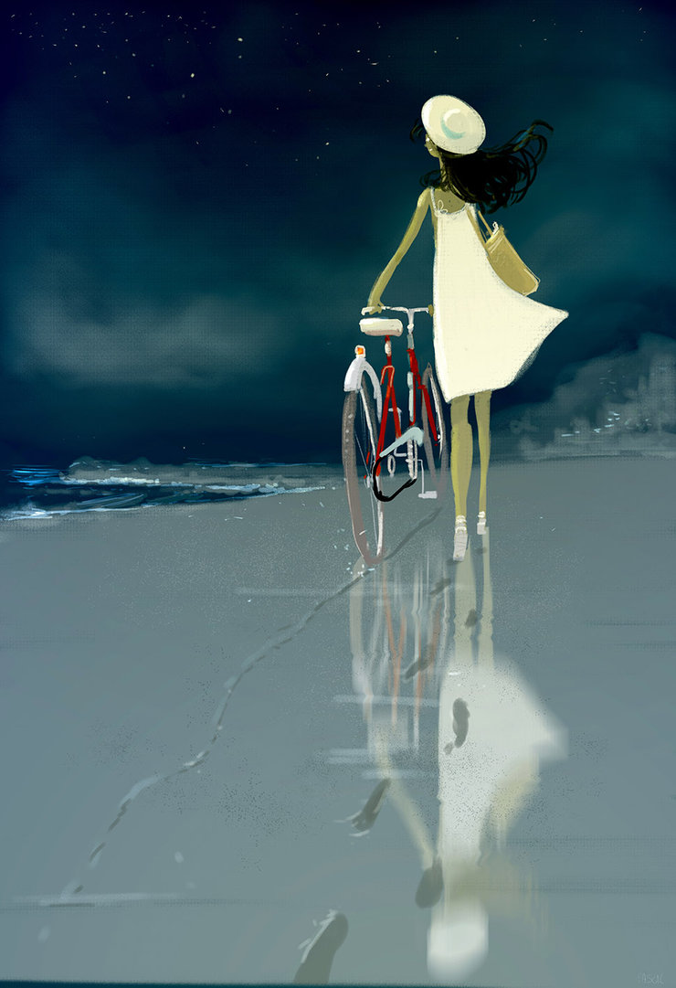 Фото Девушка с велосипедом идет по морскому берегу