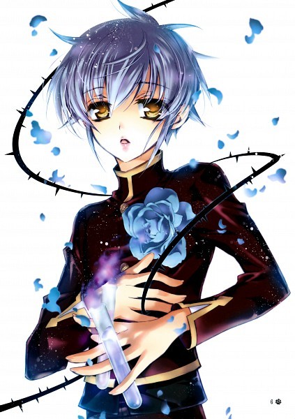 Фото Парень с синими волосами и голубой розой на груди, держит в руках две колбы с каким-то зельем