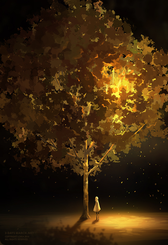 Фото Девушка стоит под огромным светящимся осенним деревом