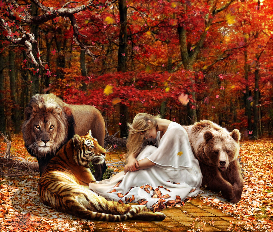 Фото Девушка сидит в окружении тигра, льва и медведя на фоне осеннего леса, by robhas1left