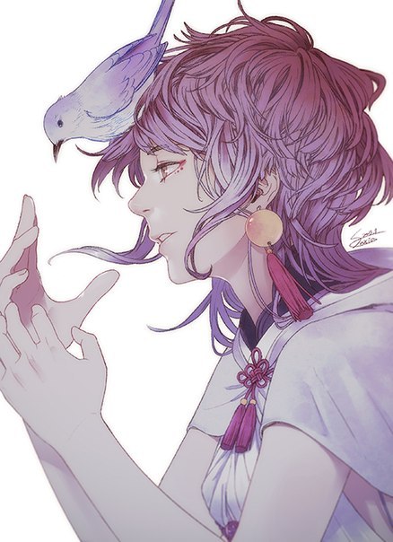 Фото Профиль девушки с фиолетовыми волосами и птичкой на голове