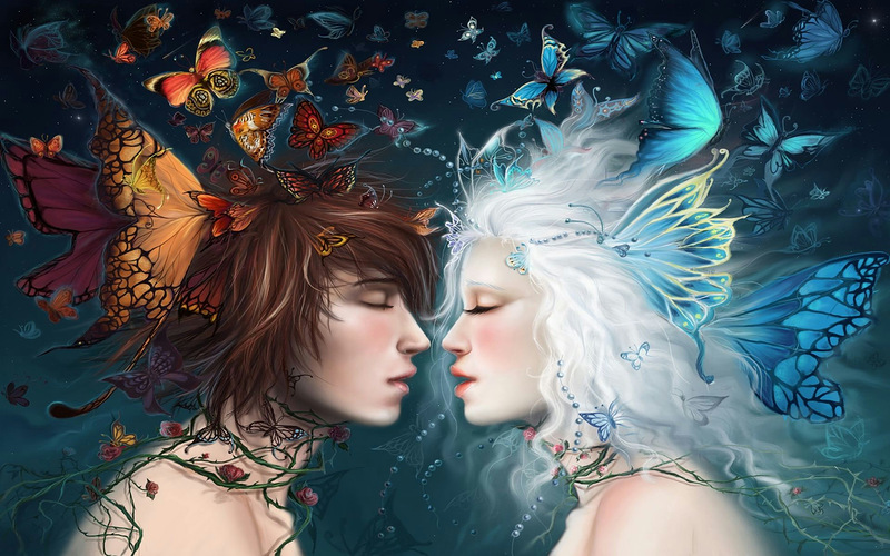 Фото Рисунок мужчины и девушки с бабочками в волосах
