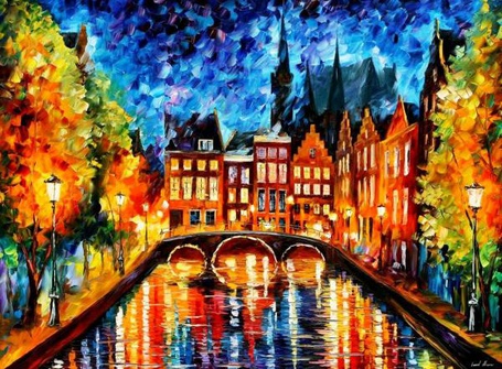 Фото Картина художника Леонида Афремова / Leonid Afremov / Город под дождем в красках осени
