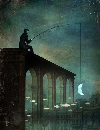 Фото Мужчина сидит на здании и ловит рыбу, художник Christian Schloe