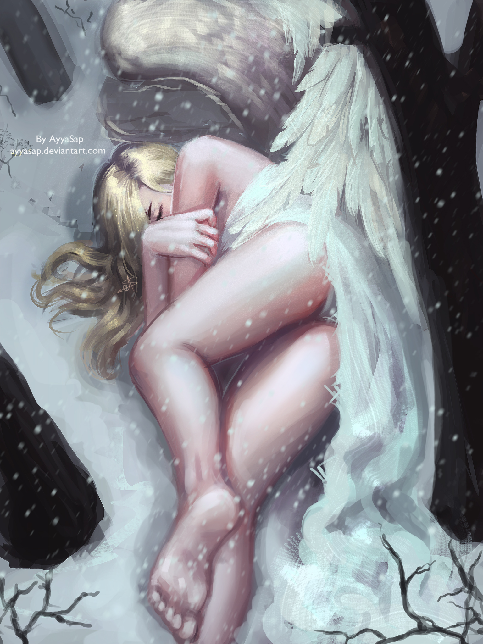 Фото Девушка-ангел лежит на снегу, art by ayyasap