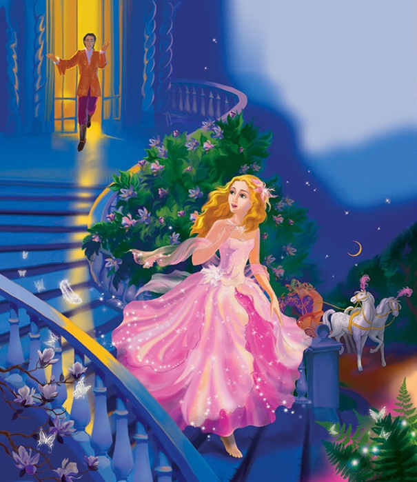 Фото Золушка убегает с бала и на лестнице теряет хрустальную туфельку, сказка Золушка / Cinderella