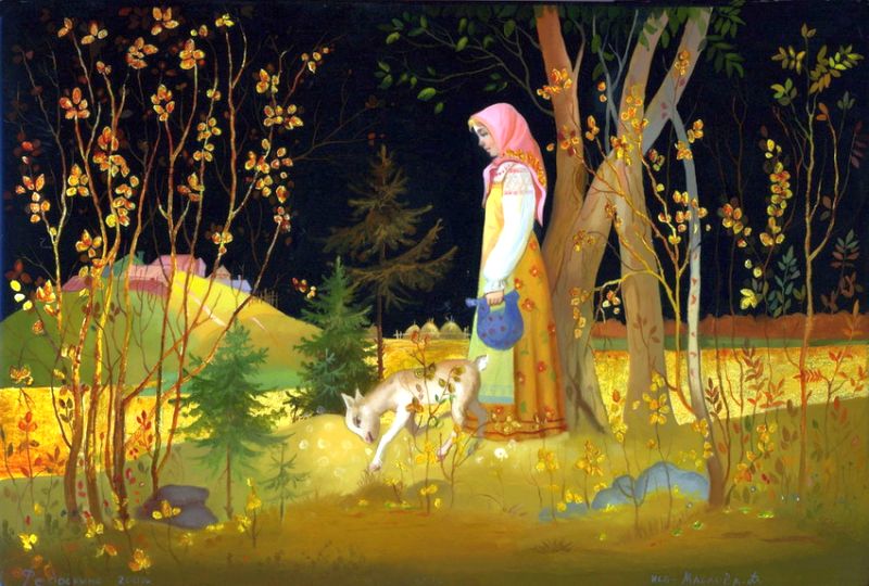 Фото Иллюстрация девочка идет с козленком по лесу, сказка Сестрица Аленушка и братец Иванушка / Sestritsa Alenushka brother Ivanushka