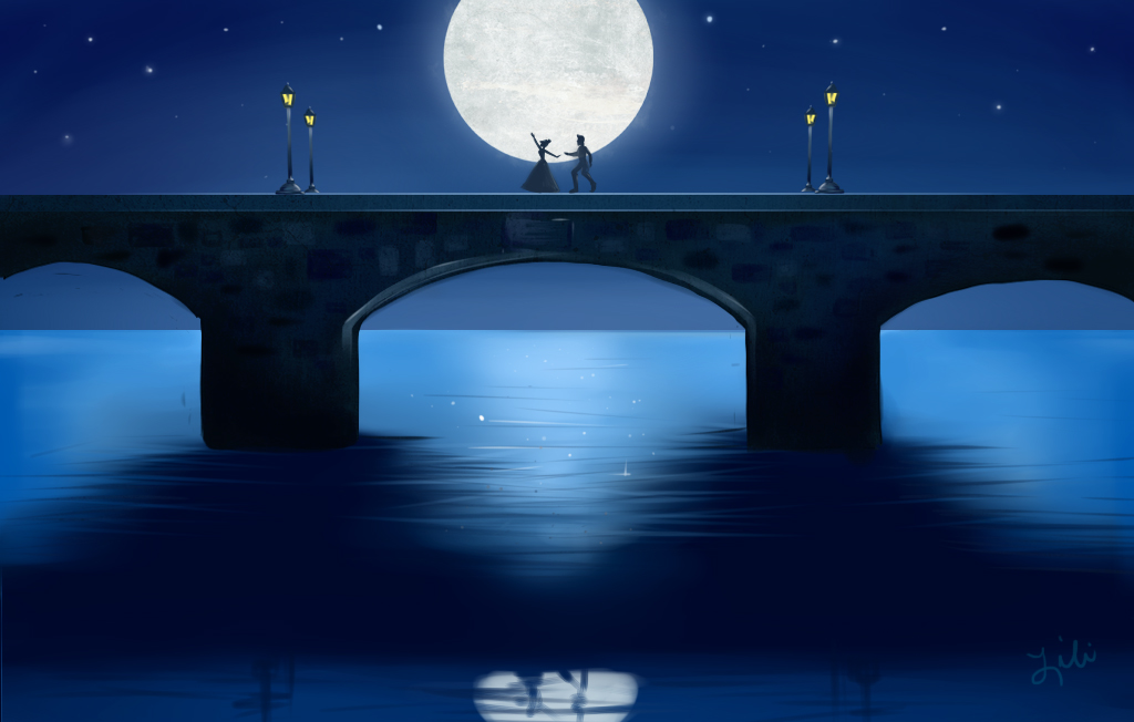 Фото Влюбленные на мосту на фоне огромной луны, by liliribs