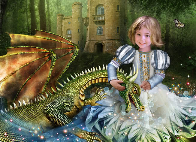 Фото Маленькая принцесса Фантагиро, возле своего замка в лесу, играет со своим другом Дракошей - крылатым Драконом
