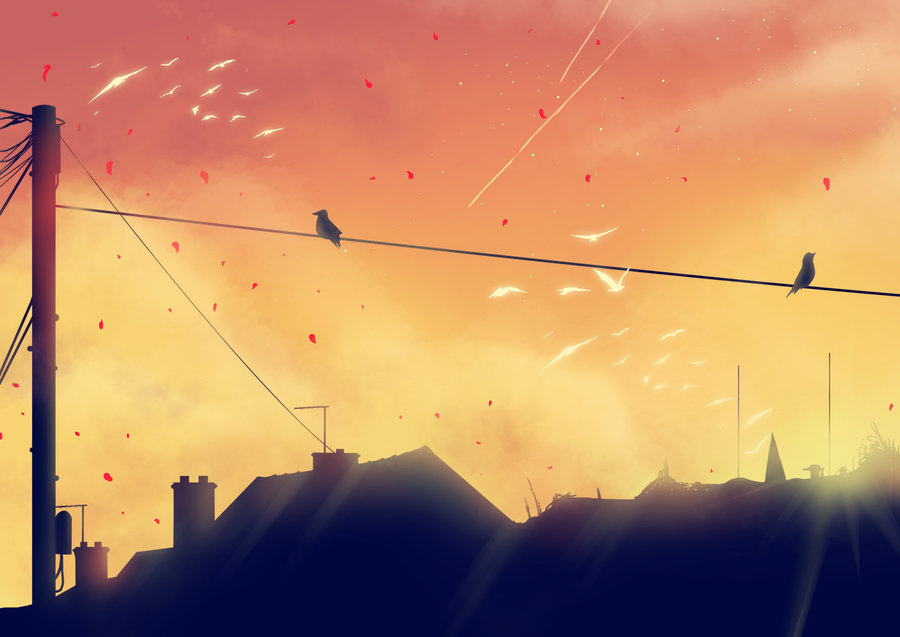 Фото Птицы сидят на проводах и летят в небе над домами, by Erisiar