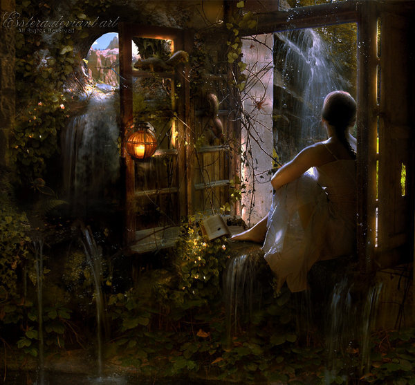 Фото Девушка сидит на подоконнике старого фантастического окна с ручьями и белками на створках окна