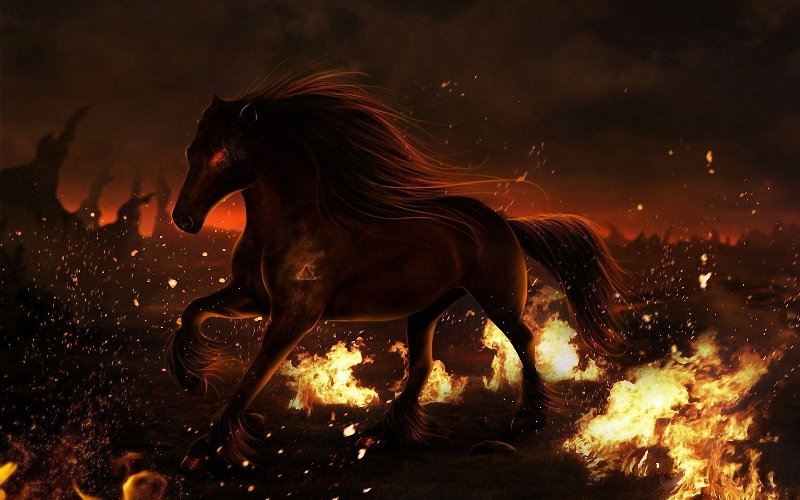 Фото Мистическая лошадь с горящим глазом в окружении огня