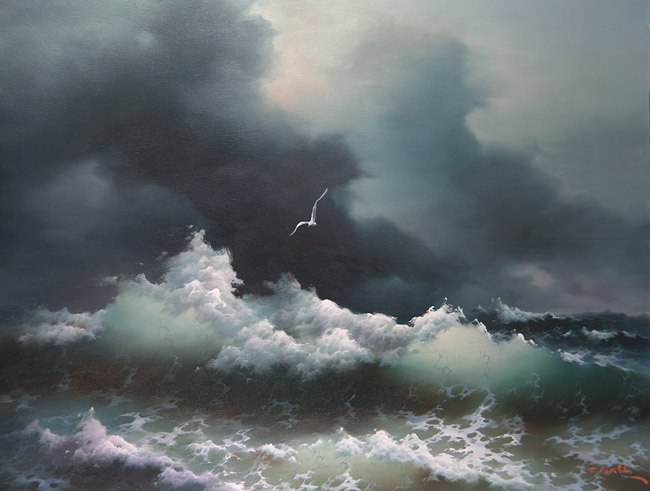Фото Чайка пролетает над бушующим морем, художник Евгений Гарин