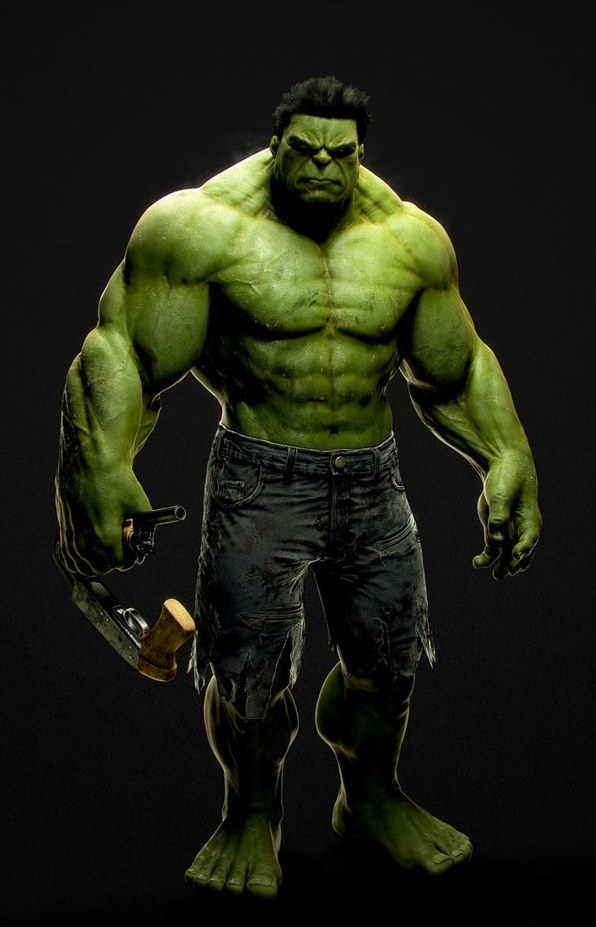 Фото Герой комиксов зеленый Халк / Hulk стоит в рваных джинсах, с согнутым ружьем в руке