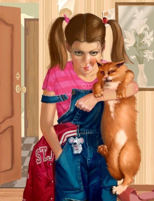 Фото Девушка с косичками, в джинсовом комбинезоне с угрожающим видом на лице, стоит в комнате и держит одной рукой рыжего кота, тоже смотрящего с угрожающим видом. Иллюстрация фрилансера Татьяны Дорониной
