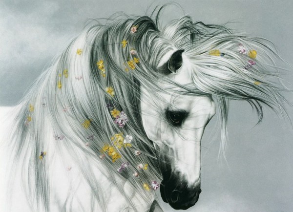 Фото Белая лошадь с цветами в гриве. Художник Лесли Харрисон / Lesley Harrison