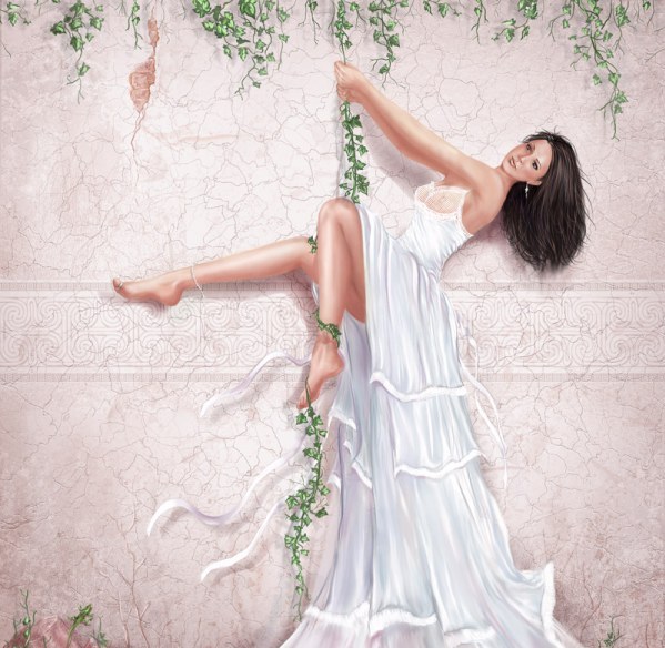 Фото Девушка в белом длинном платье катается на лиане, свисающей со стены, поросшей лианами. Работа болгарского художника Ventsislavа Nikolovа