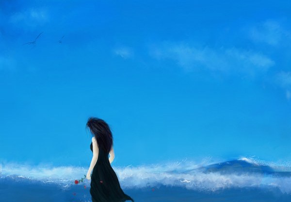 Фото Девушка с черными волосами, в черном платье идет по берегу моря, держа в руке красную розу, с которой слетают лепестки, в небе летают чайки, работа болгарского художника Ventsislavа Nikolovа