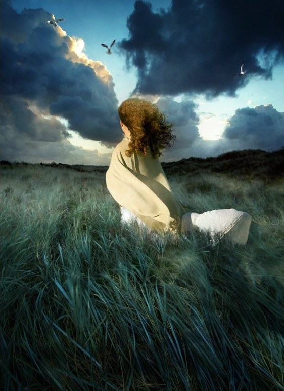 Фото Девочка в длинном белом платье с развевающимися от ветра волосами, идет по высокой зеленой траве, в облачном небе летают птицы, фотограф под ником kayceeus