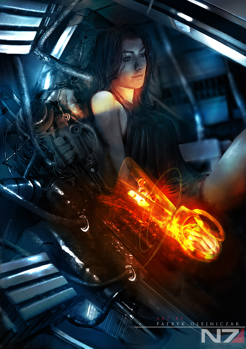 Фото Миранда Лоусон / Miranda Lawson с уни-инструментом в руке сидит в капсуле, арт к игре Mass Effect