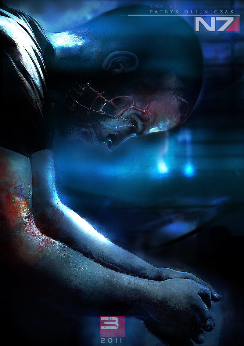 Фото Shepard / Шепард со шрамом на лице смотрит вниз, арт к игре Mass Effect