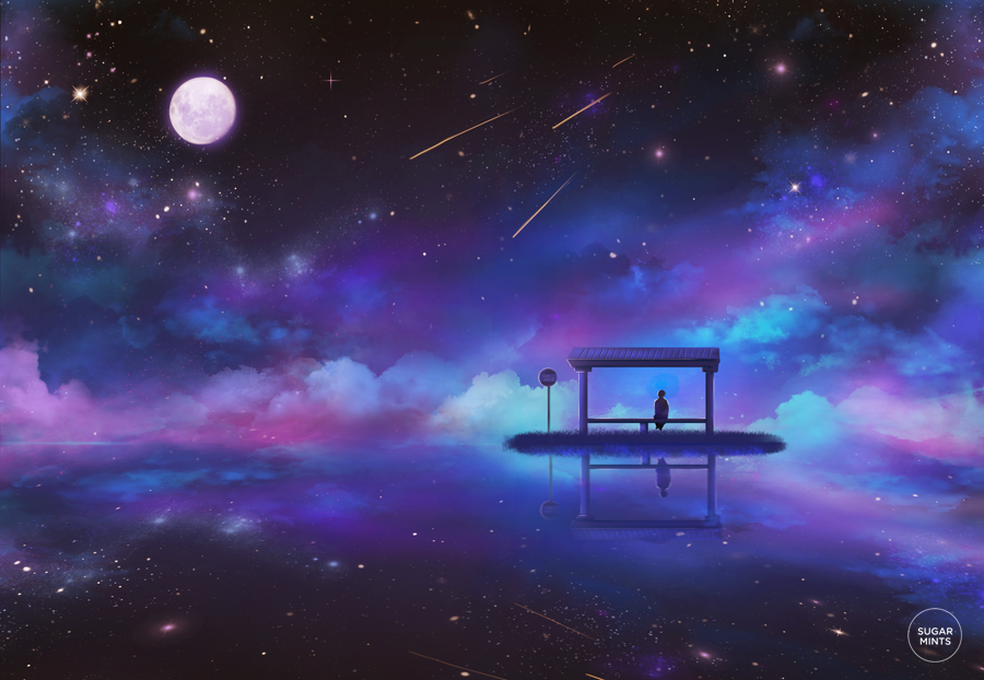 Фото Парень сидит на остановке на фоне ночного неба и падающих звезд, автор Lily, под ником sugarmints
