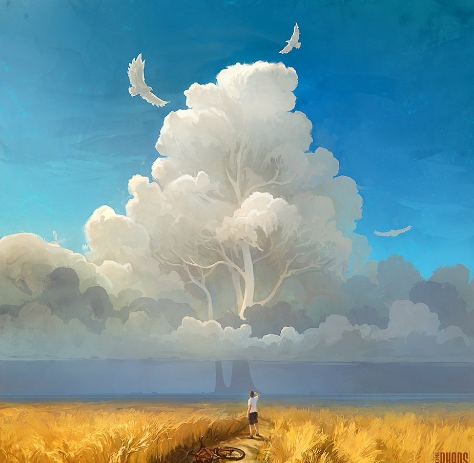 Фото Парень стоит в поле на фоне огромного облака в форме дерева, над которым парят голуби, на дороге лежит велосипед, by RHADS