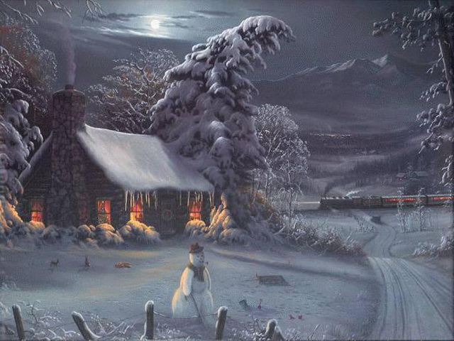 Фото Зимний вечер, светит полная луна, изба стоит средь занесенных снегом деревьев, во дворе у дороги снеговик, в дали едет поезд