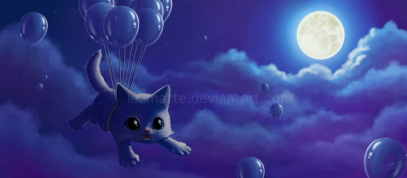 Фото Котенок парит на воздушных шарах в небесах, на фоне полной луны в ночном небе, художница leamatte