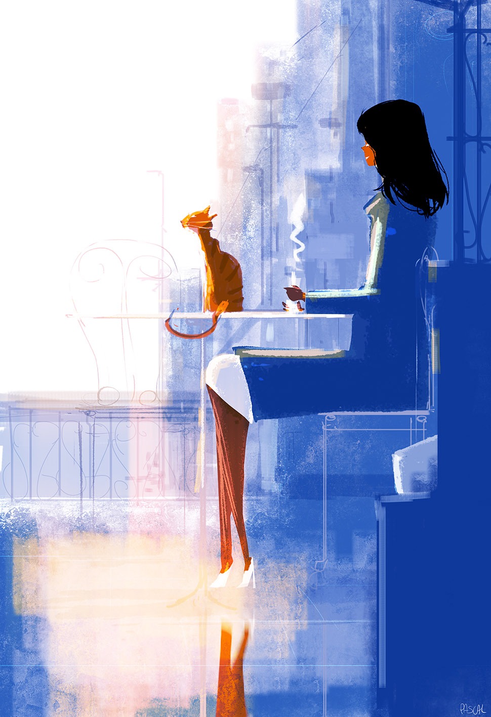 Фото Девушка сидит за столом, на котором сидит рыжий кот, by PascalCampion