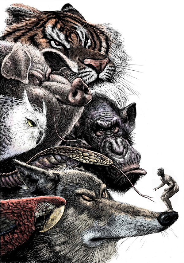 Фото Злые животные смотрят на маленького человечка стоящего на носу волка