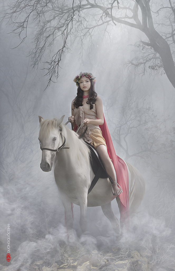 Фото Девушка азиатской внешности с венком из цветов на голове, сидящая на белом коне, стоящим на лесной опушке с туманом между деревьями, автор DUONG QUOC DINH