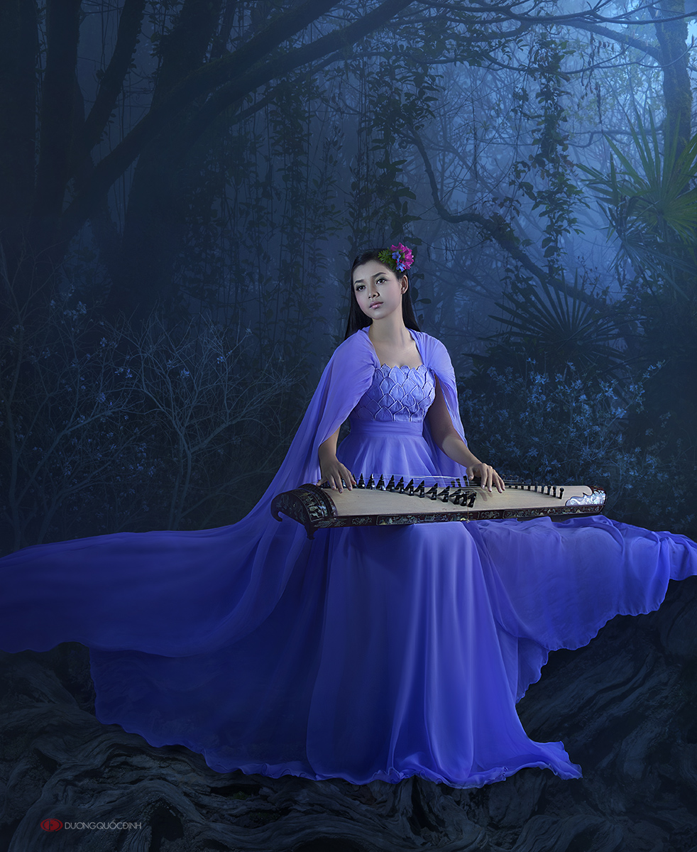 Фото Темноволосая девушка азиатской внешности с красным цветком в волосах, одетая в длинное, синее платье, сидящая на лесной опушке, играющая на японском, струнном инструменте кото, автор DUONG QUOC DINH