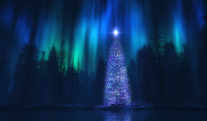 Фото Новогодняя сверкающая ель с горящей звездой на верхушке стоит у воды, на фоне темного леса с Полярным сиянием на небе
